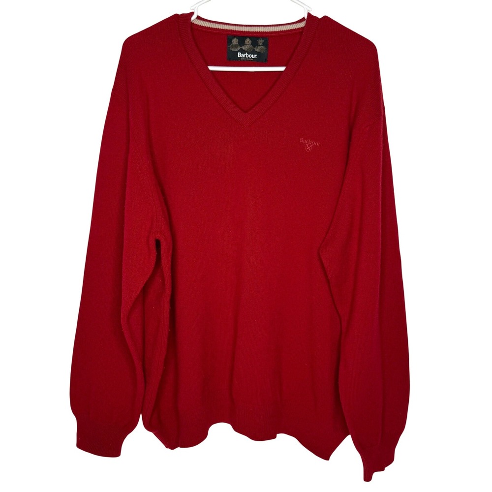 Barbour Mens XXL Red V-Neck Sweater 100% Pure New Wool Made in Scotland Logo